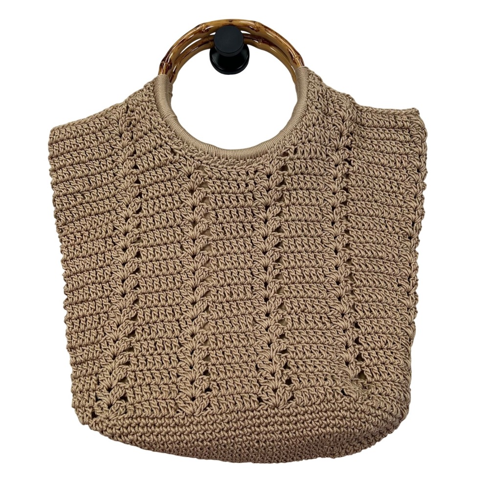Studio Collection Beige Crochet Tote Bag Purse Crochet Bamboo Top Handle Boho